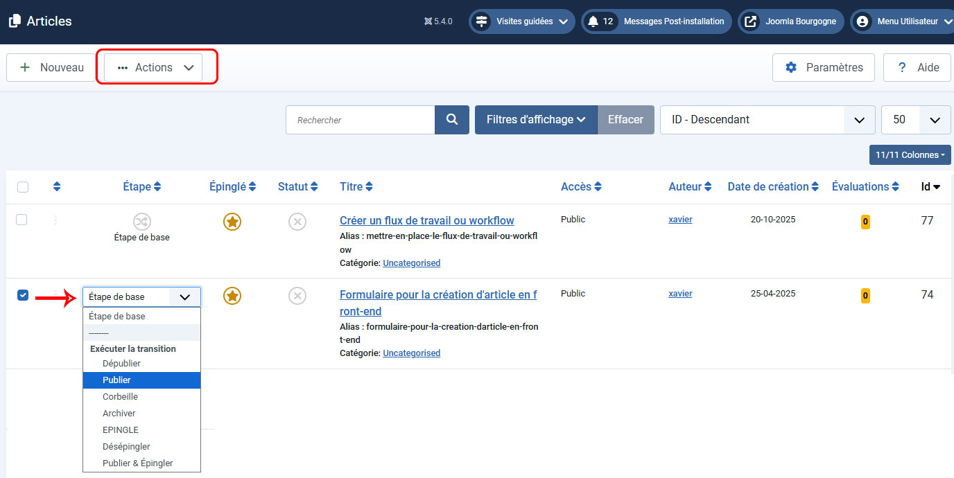 flux de travail gestion statut article