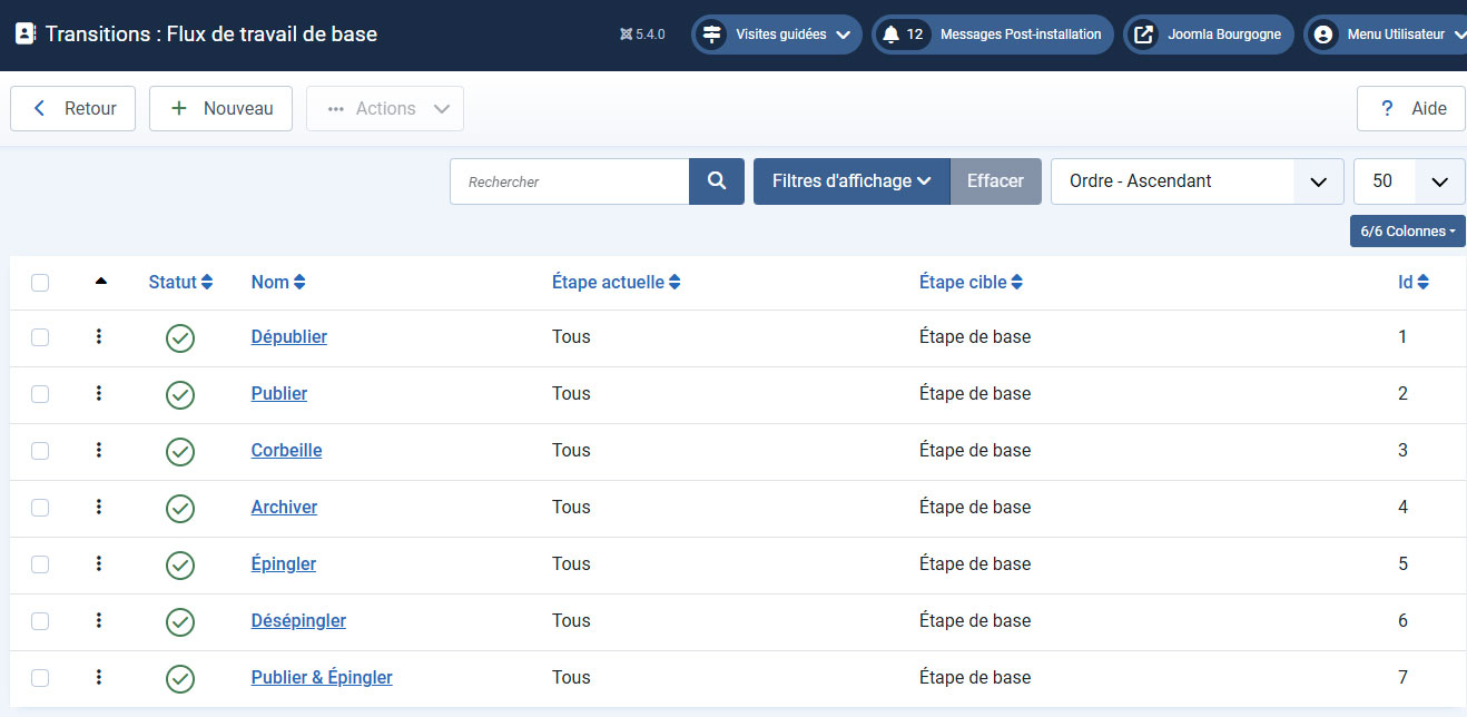 flux de travail liste transitions