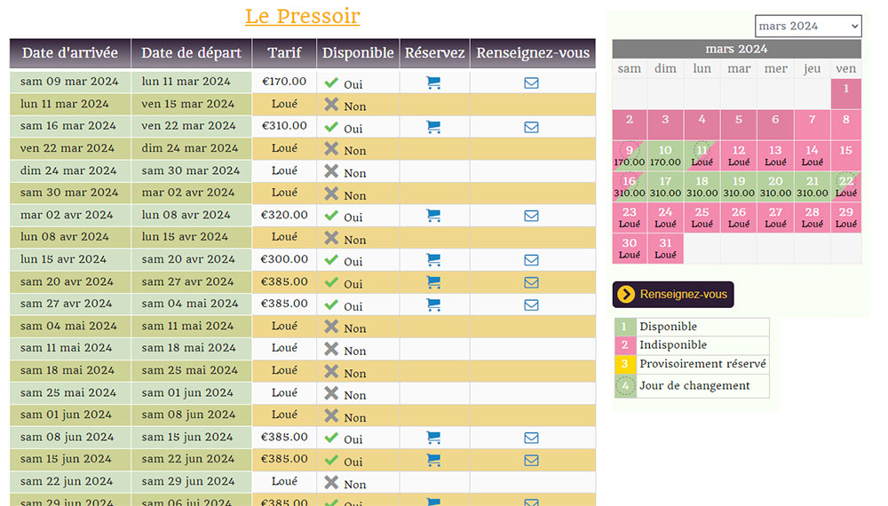 Visuel planning de réservation gites et chambres
