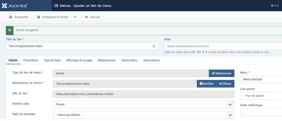 joomla4 article enregistrement menu suite