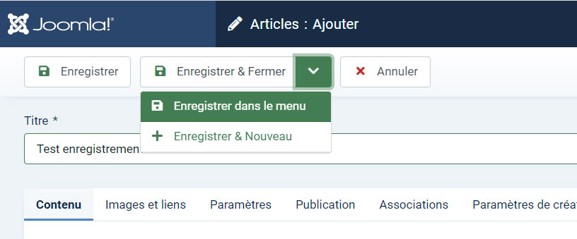 joomla4 article enregistrement menu