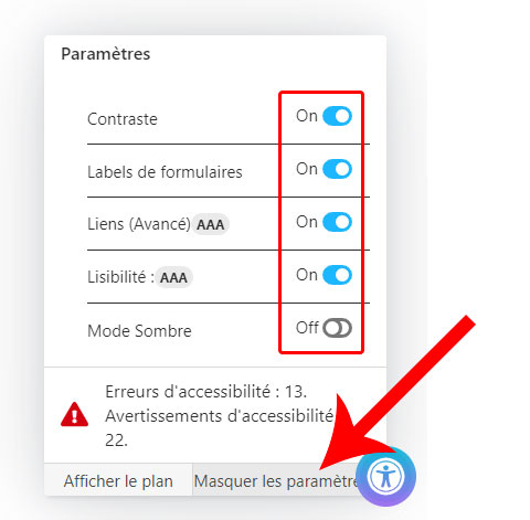 joomla4 accessibilite panneau parametres contraste