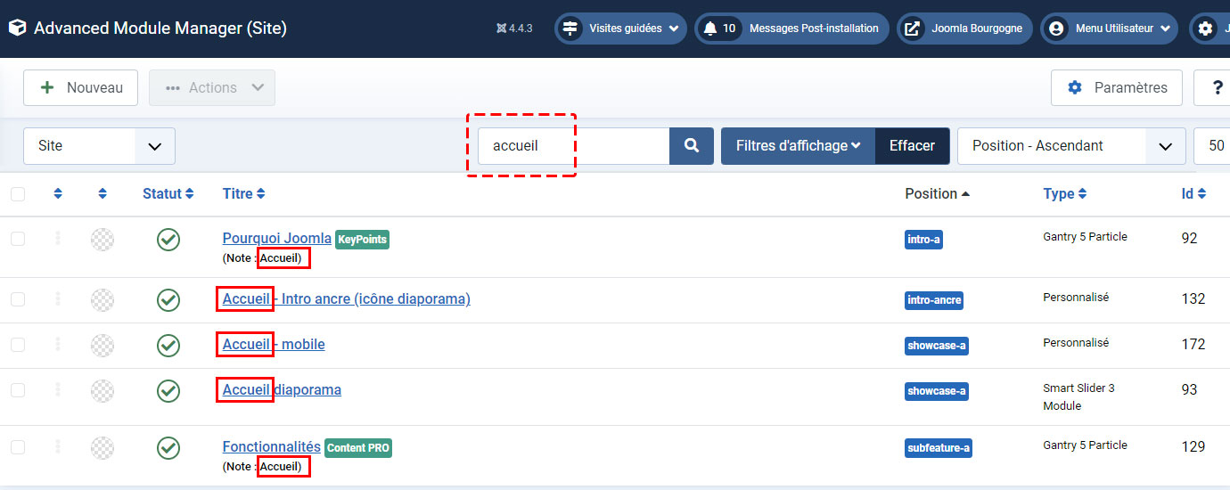 recherche note module